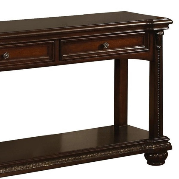 English Elm Briarwood Cherry Veneer Sofa Table with Carved Bun Feet and Two Storage Drawers B062P580138