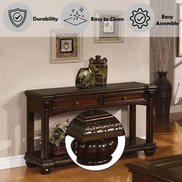 English Elm Briarwood Cherry Veneer Sofa Table with Carved Bun Feet and Two Storage Drawers B062P580138