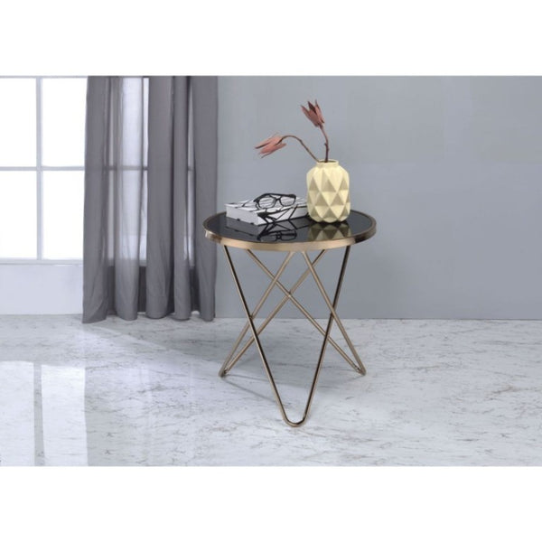 English Elm Celina Round Glass Top End Table with Champagne Crisscross Metal Base for Modern Rooms B062P581093