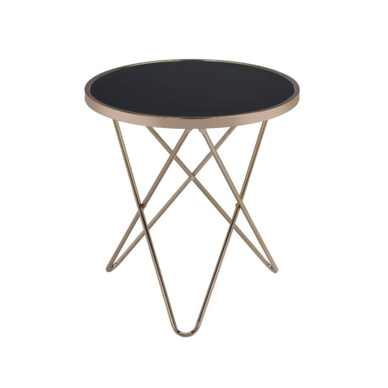 English Elm Celina Round Glass Top End Table with Champagne Crisscross Metal Base for Modern Rooms B062P581093