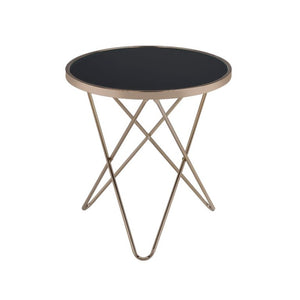 English Elm Celina Round Glass Top End Table with Champagne Crisscross Metal Base for Modern Rooms B062P581093