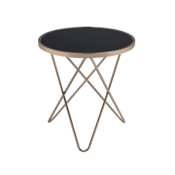 English Elm Celina Round Glass Top End Table with Champagne Crisscross Metal Base for Modern Rooms B062P581093
