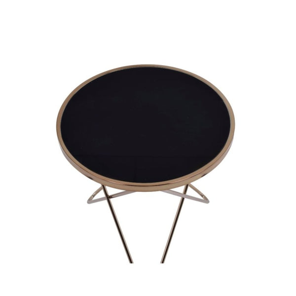English Elm Celina Round Glass Top End Table with Champagne Crisscross Metal Base for Modern Rooms B062P581093
