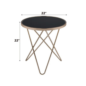 English Elm Celina Round Glass Top End Table with Champagne Crisscross Metal Base for Modern Rooms B062P581093