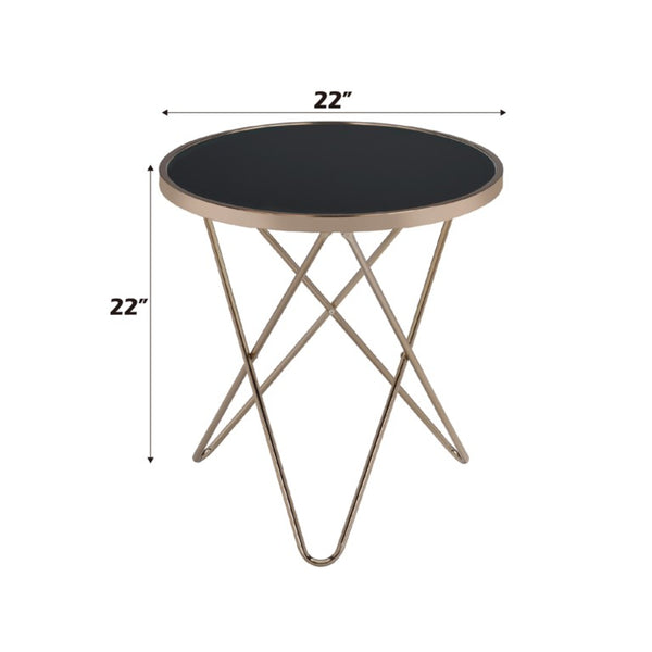English Elm Celina Round Glass Top End Table with Champagne Crisscross Metal Base for Modern Rooms B062P581093