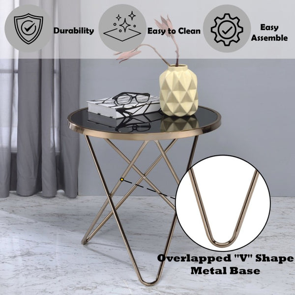English Elm Celina Round Glass Top End Table with Champagne Crisscross Metal Base for Modern Rooms B062P581093