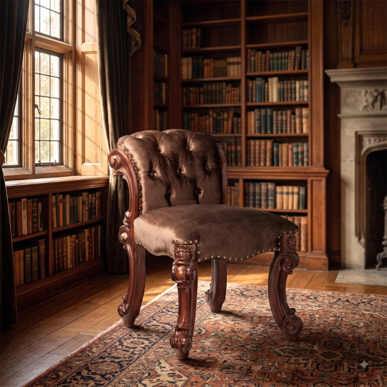 English Elm Genevieve Upholstered Vanity Stool with Carved Cabriole Legs and Nailhead Trim B062P581103