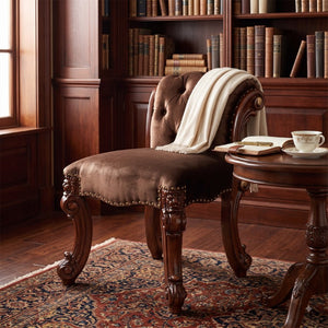 English Elm Genevieve Upholstered Vanity Stool with Carved Cabriole Legs and Nailhead Trim B062P581103