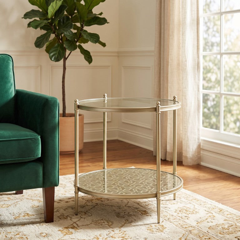 English Elm Valeria Two Tier Tempered Glass Round End Table with Champagne Metal Frame B062P581109