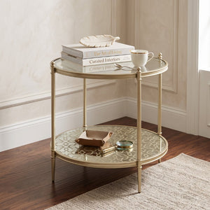 English Elm Valeria Two Tier Tempered Glass Round End Table with Champagne Metal Frame B062P581109