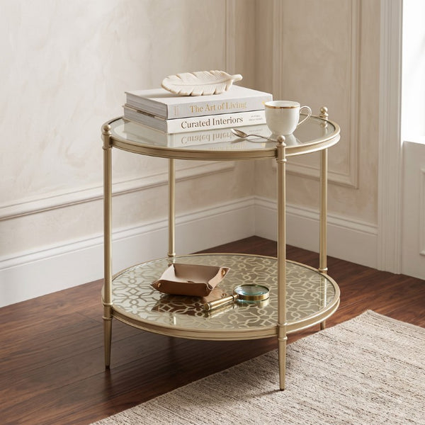 English Elm Valeria Two Tier Tempered Glass Round End Table with Champagne Metal Frame B062P581109