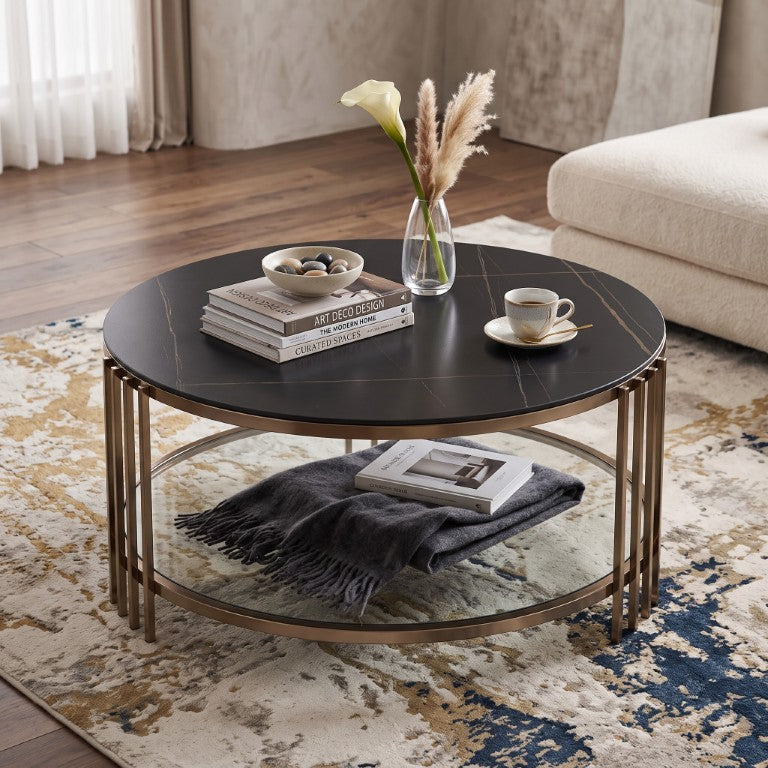 English Elm Aurelia Round Sintered Stone Coffee Table with Champagne Frame and Open Shelf B062P581110