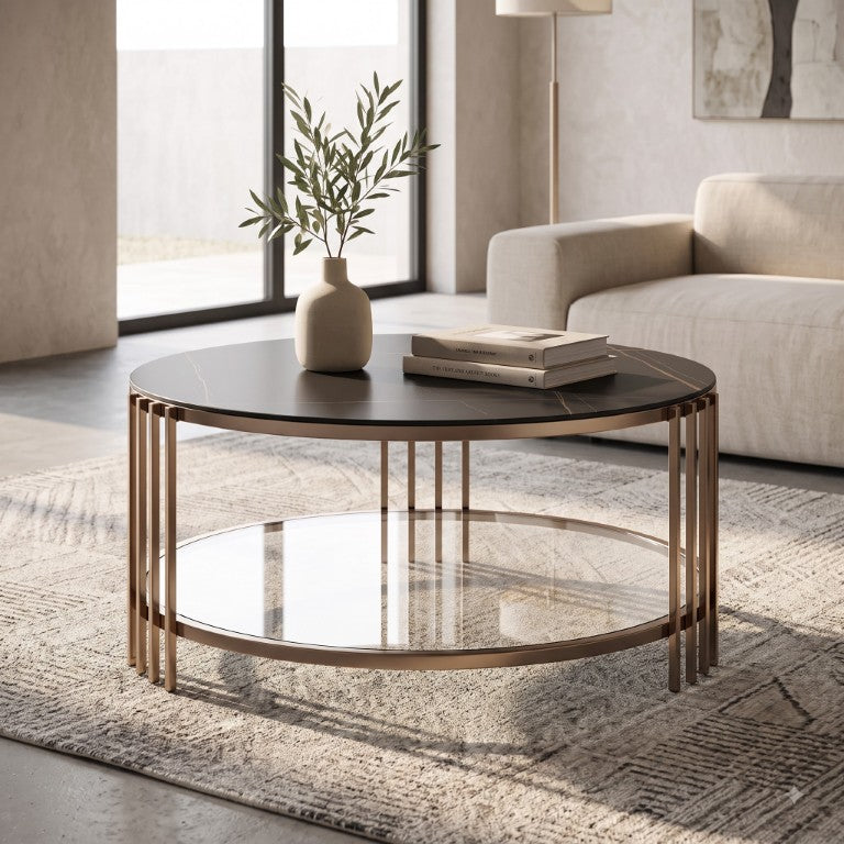 English Elm Aurelia Round Sintered Stone Coffee Table with Champagne Frame and Open Shelf B062P581110