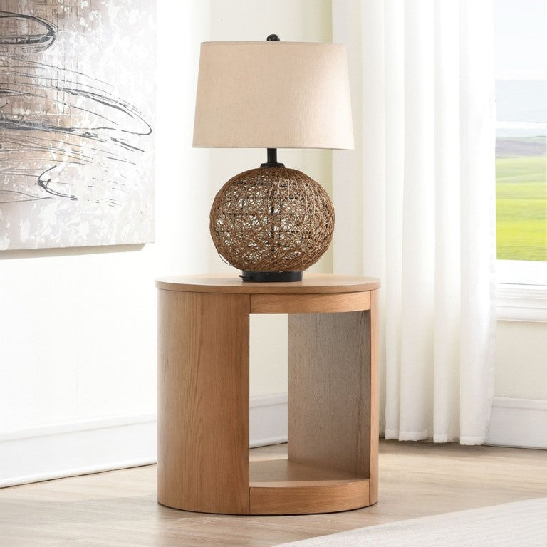 English Elm Oakridge Drum Style Oak Veneer Round End Table with Open Base for Living Room B062P581117