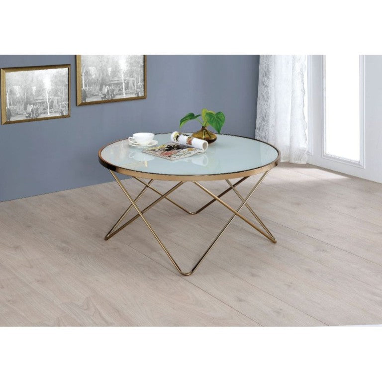 English Elm Brielle Geometric Metal Base Round Coffee Table with Frosted Glass Top for Glam Living Rooms B062P581119