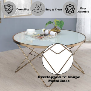 English Elm Brielle Geometric Metal Base Round Coffee Table with Frosted Glass Top for Glam Living Rooms B062P581119