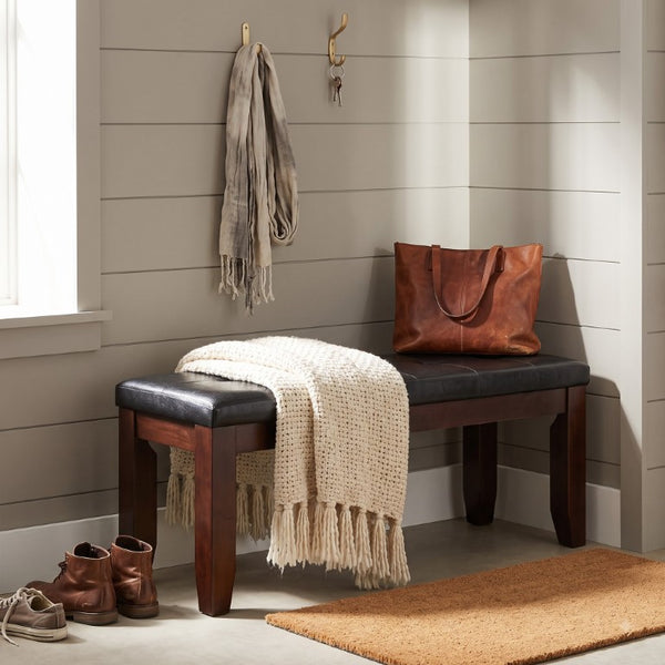 English Elm Kingsford Tufted Rubberwood Bench Cherry Finish Black Faux Leather Entryway Seat B062P581132