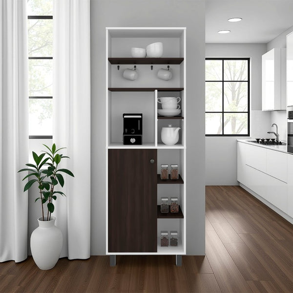 English Elm White Walnut Two Tone Tall Coffee Station Cabinet with Open Shelves and Mug Hooks White+Walnut 23.6 L x 15.7 W x 70.9 H B062P587719