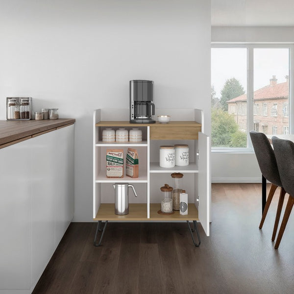 English Elm White Walnut Two Tone Tall Coffee Station Cabinet with Open Shelves and Mug Hooks White+Oak 31.5 L x 15.9 W x 39.1 H B062P587720