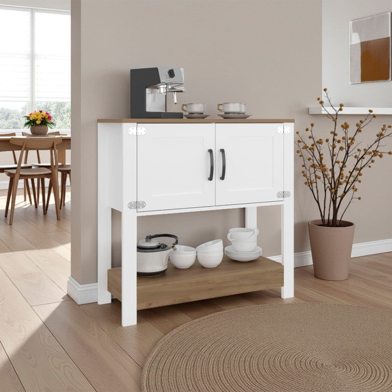 English Elm White Two-Tone Oak Coffee Station Cabinet with Open Shelving and Concealed Storage B062P587721