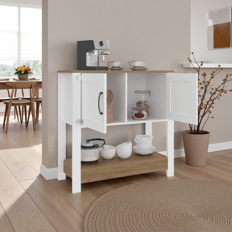 English Elm White Two-Tone Oak Coffee Station Cabinet with Open Shelving and Concealed Storage B062P587721
