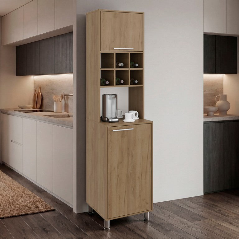 English Elm Natural Oak Tall Pantry Cabinet with Open Wine Cubbies and Concealed Storage B062P587722