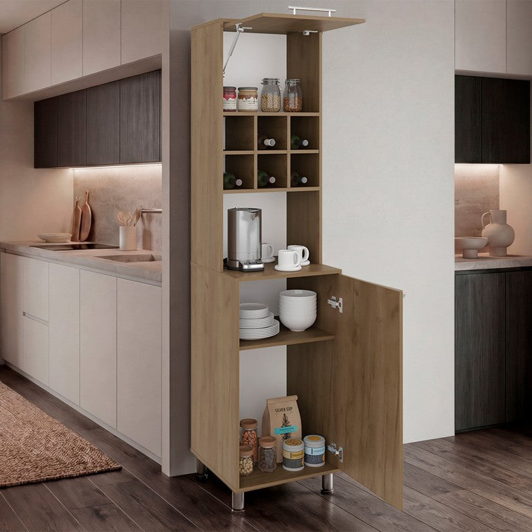 English Elm Natural Oak Tall Pantry Cabinet with Open Wine Cubbies and Concealed Storage B062P587722