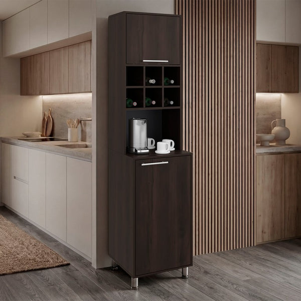 English Elm Stained Walnut Tall Pantry Cabinet with Open Bottle Cubbies for Kitchen Storage B062P587723