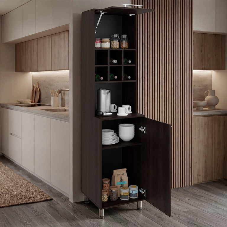 English Elm Stained Walnut Tall Pantry Cabinet with Open Bottle Cubbies for Kitchen Storage B062P587723