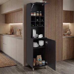 English Elm Wenge Finish Tall Kitchen Pantry with Open Wine Cubbies and Concealed Storage Cabinet B062P587724