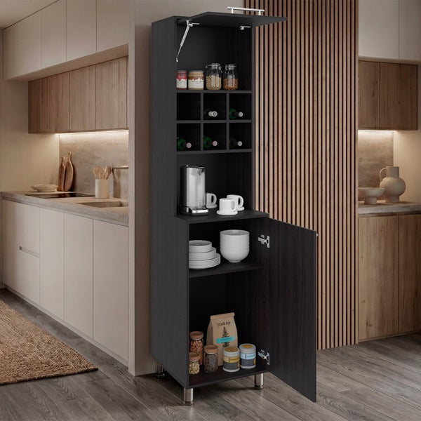 English Elm Wenge Finish Tall Kitchen Pantry with Open Wine Cubbies and Concealed Storage Cabinet B062P587724