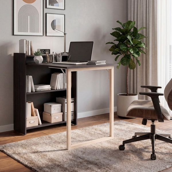 English Elm Wenge Finish Folding Writing Desk with Open Shelving for Small Spaces and Apartments B062P587753