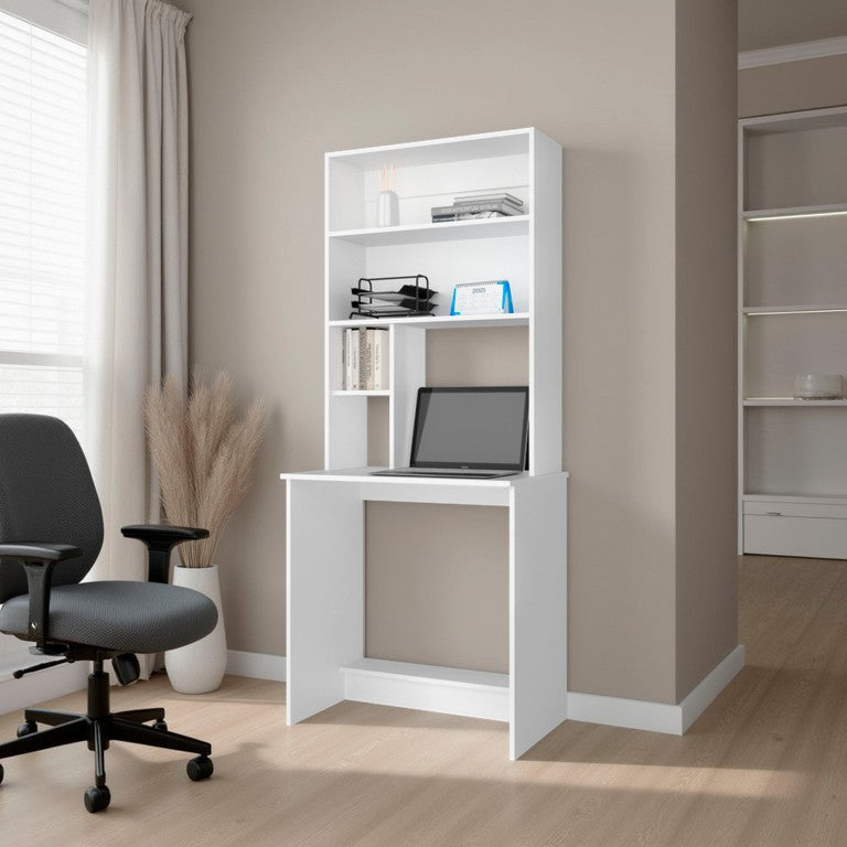 English Elm White Hutch Desk with Tiered Shelves for Small Home Offices and Study Nooks B062P587754