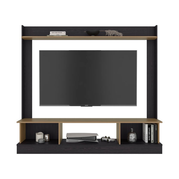 English Elm Wenge Two-Tone Oak Tall Media Console with Open Shelves and Hidden Cabinet Storage B062P587985