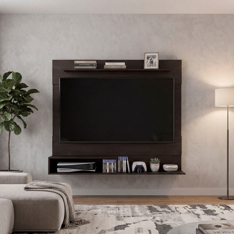 English Elm Stained Walnut Floating Media Console with Open Shelving for Modern Living Rooms B062P587988