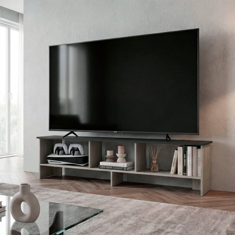 English Elm Wenge Two-Tone Melamine TV Stand with Open Shelving for Modern Living Spaces B062P587993