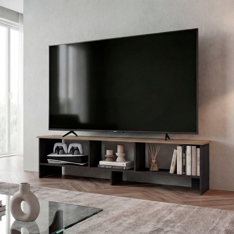 English Elm Wenge Two-Tone Oak TV Stand with Open Shelving for Modern Living Spaces B062P587994