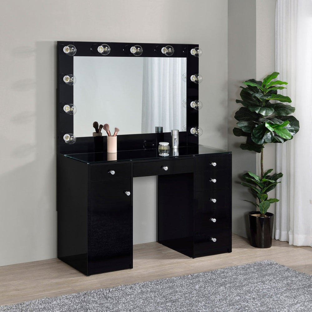 English Elm Fern Hollywood Glam Vanity Set with Globe Mirror Seven Drawers Glass Top B062S01881