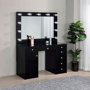 English Elm Fern Hollywood Glam Vanity Set with Globe Mirror Seven Drawers Glass Top B062S01881