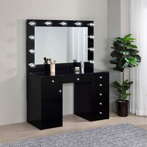 English Elm Fern Hollywood Glam Vanity Set with Globe Mirror Seven Drawers Glass Top B062S01881