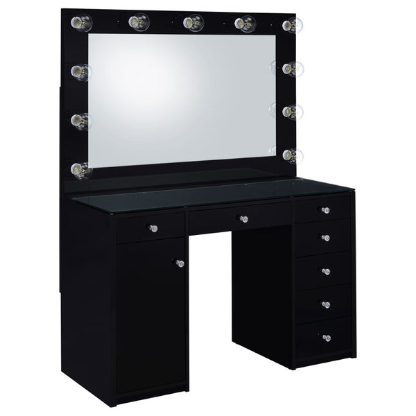 English Elm Fern Hollywood Glam Vanity Set with Globe Mirror Seven Drawers Glass Top B062S01881