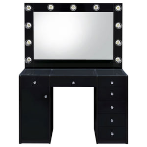 English Elm Fern Hollywood Glam Vanity Set with Globe Mirror Seven Drawers Glass Top B062S01881
