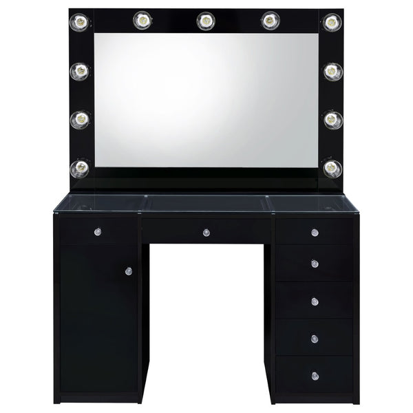 English Elm Fern Hollywood Glam Vanity Set with Globe Mirror Seven Drawers Glass Top B062S01881