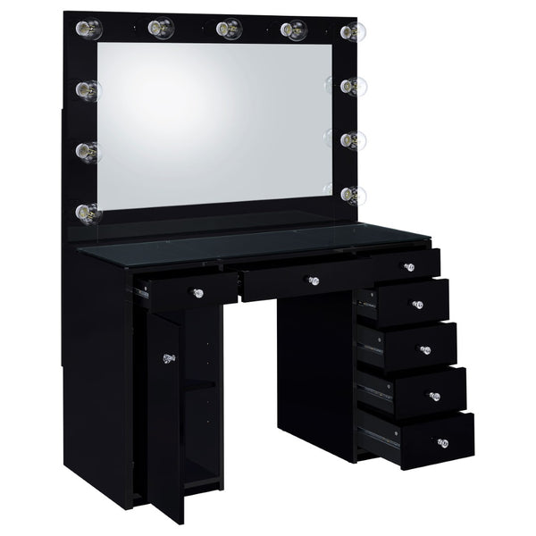 English Elm Fern Hollywood Glam Vanity Set with Globe Mirror Seven Drawers Glass Top B062S01881