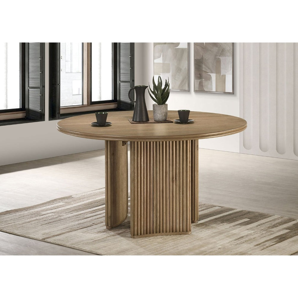 English Elm Dreydon Sculptural Tripod Pedestal Round Dining Table Seats Four in Ash Veneer B062S01883