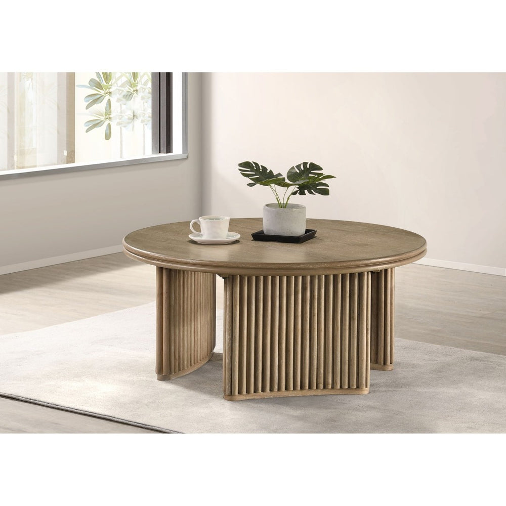 English Elm Dreydon Ash Veneer Round Coffee Table with Reeded Pedestal Base for Coastal Living Rooms B062S01890