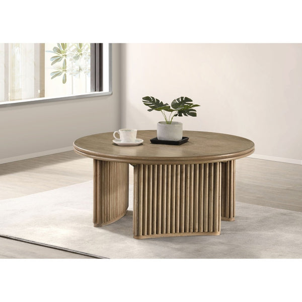 English Elm Dreydon Ash Veneer Round Coffee Table with Reeded Pedestal Base for Coastal Living Rooms B062S01890