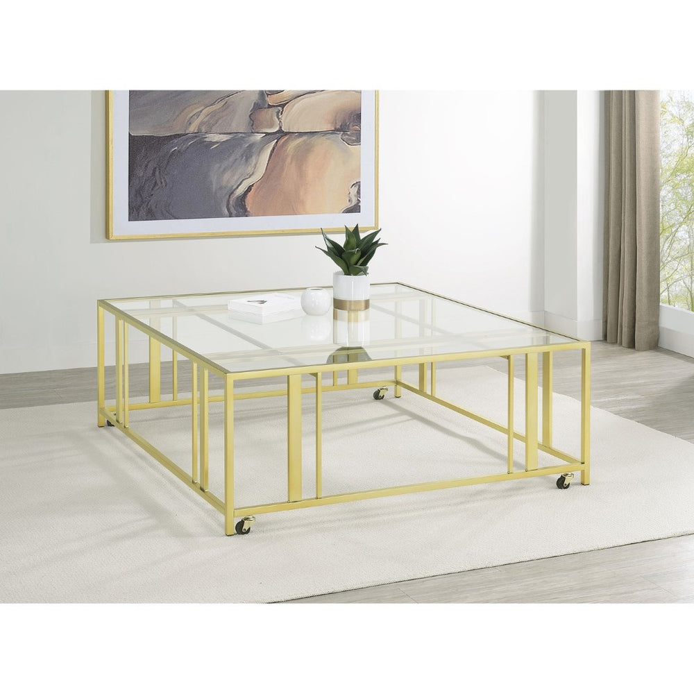 English Elm Pillar Matte Brass Open Frame Square Tempered Glass Coffee Table for Modern Living B062S01891