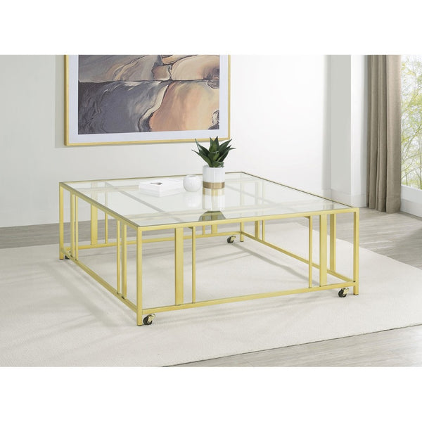 English Elm Pillar Matte Brass Open Frame Square Tempered Glass Coffee Table for Modern Living B062S01891