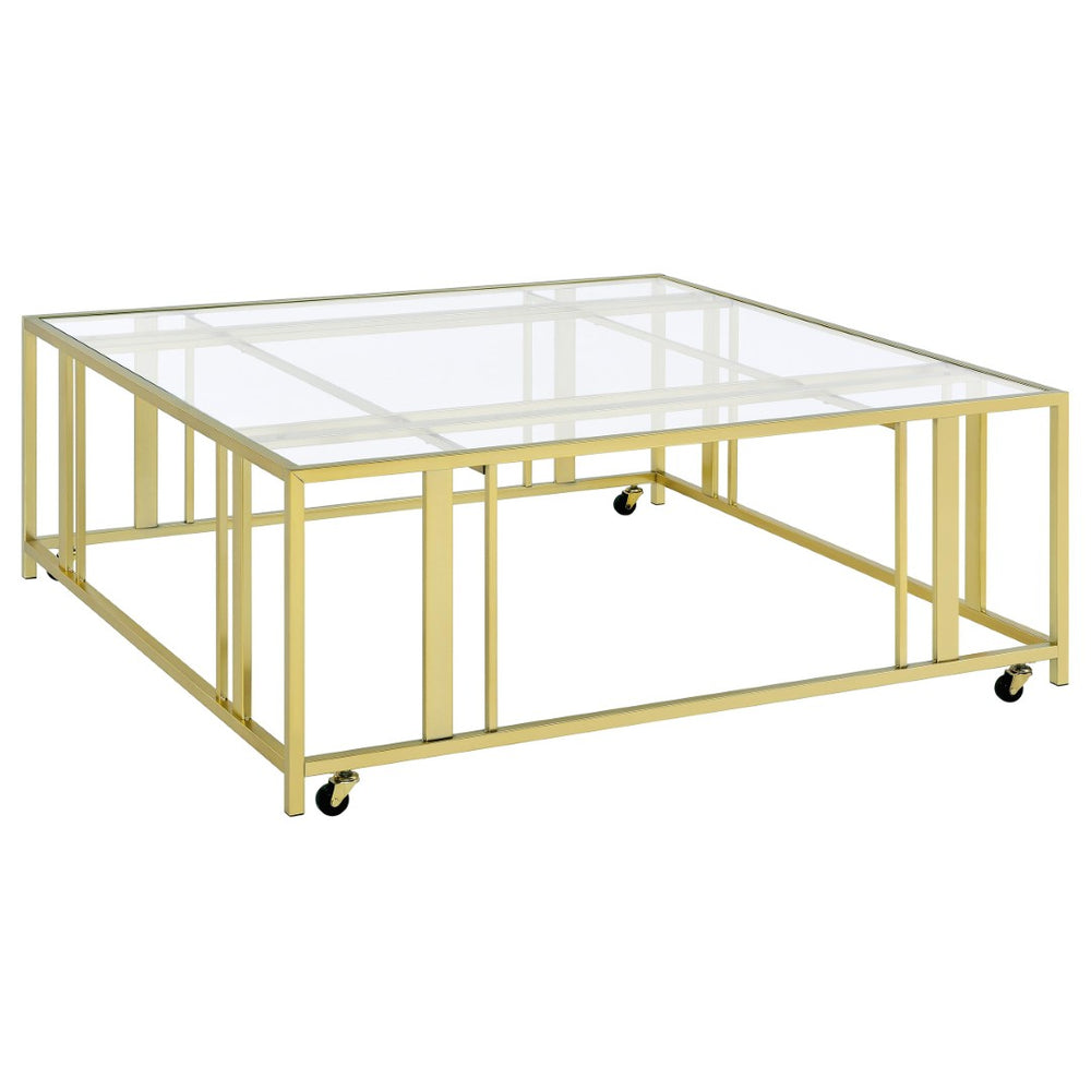 English Elm Pillar Matte Brass Open Frame Square Tempered Glass Coffee Table for Modern Living B062S01891